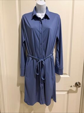 Ministry of Supply Slate Blue Long-Sleeve Shirt Dress with Tie Waist Very Soft